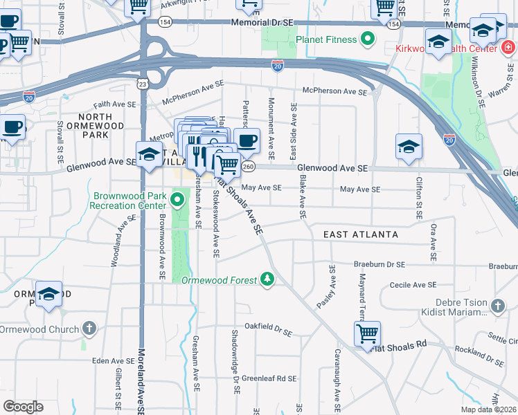 map of restaurants, bars, coffee shops, grocery stores, and more near 1275 Dahlgren Lane in Atlanta