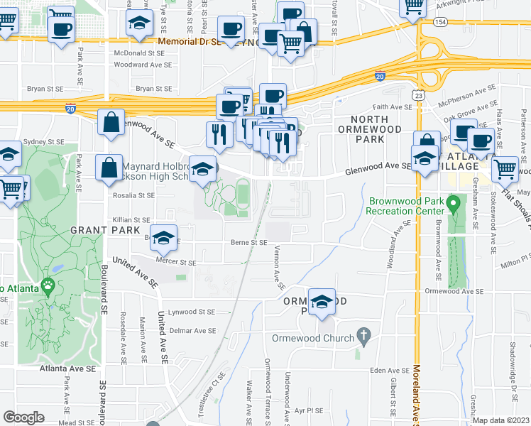 map of restaurants, bars, coffee shops, grocery stores, and more near 915 Glenwood Avenue Southeast in Atlanta