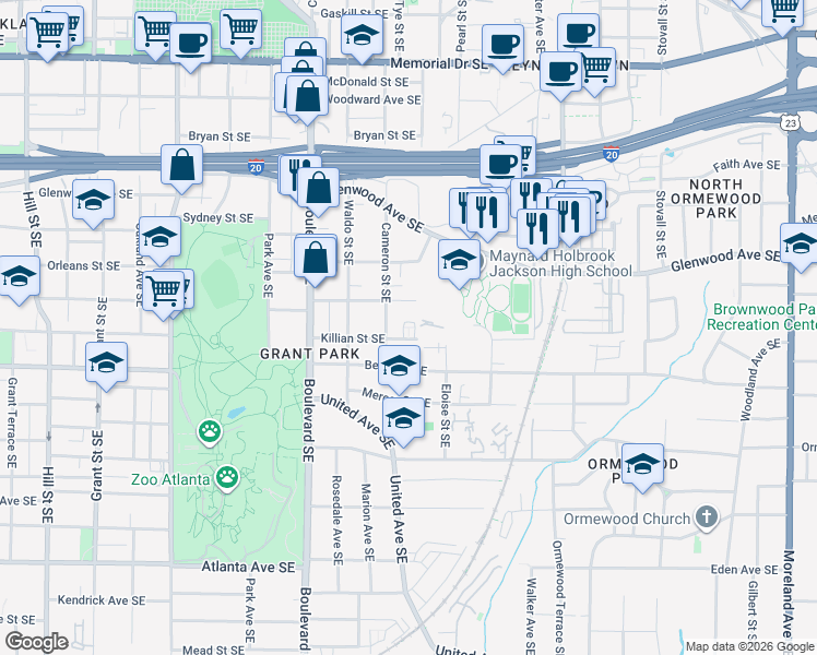 map of restaurants, bars, coffee shops, grocery stores, and more near 708 Killian Street Southeast in Atlanta