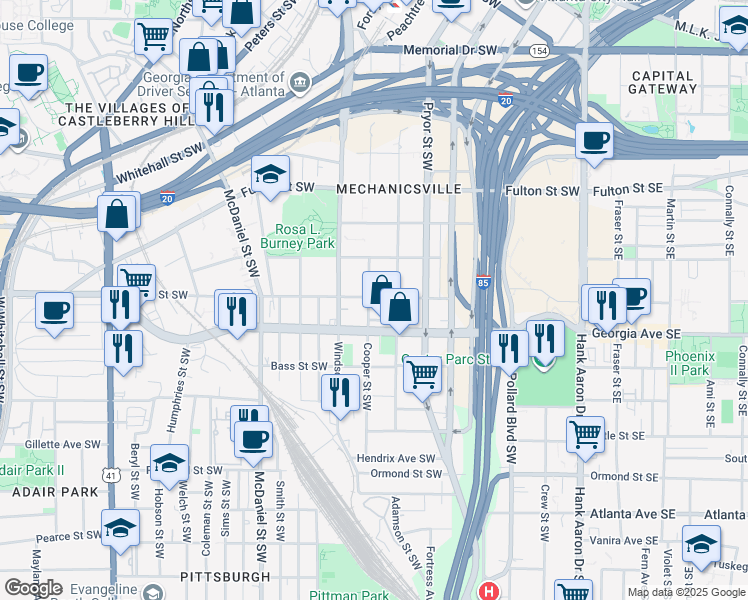 map of restaurants, bars, coffee shops, grocery stores, and more near 300 Glenn Street Southwest in Atlanta
