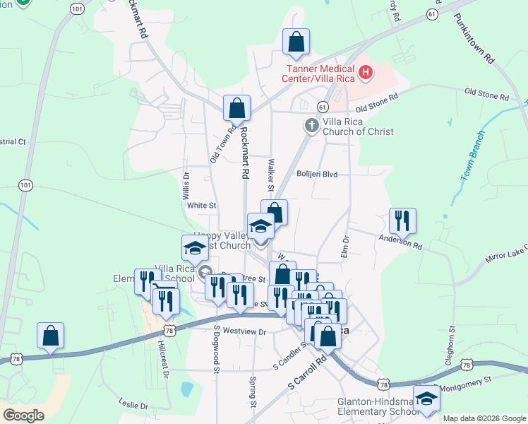 map of restaurants, bars, coffee shops, grocery stores, and more near 214 Walker Street in Villa Rica
