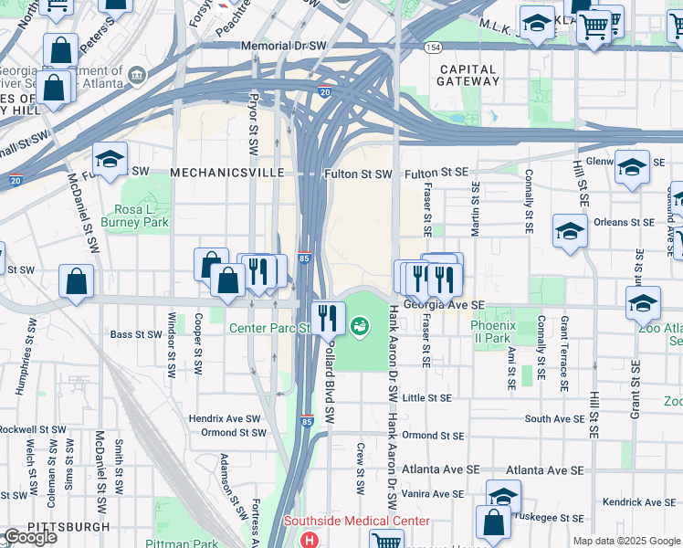 map of restaurants, bars, coffee shops, grocery stores, and more near 521 Hank Aaron Drive Southwest in Atlanta