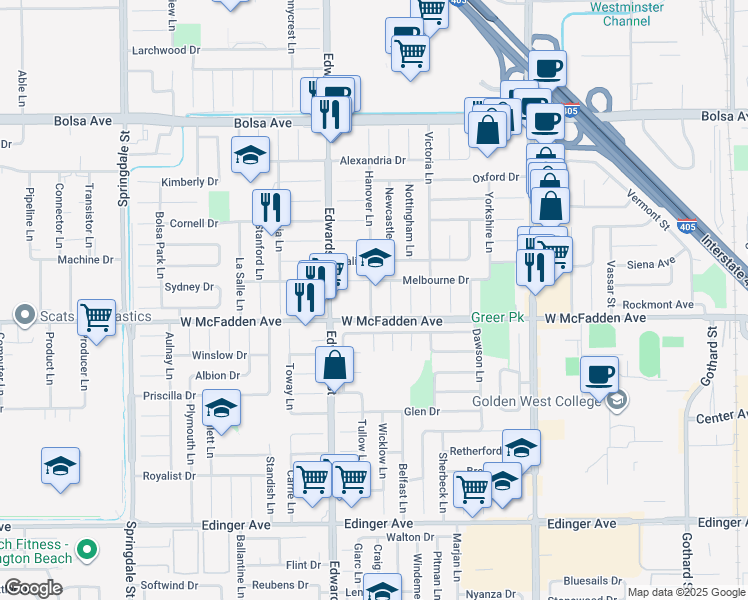 map of restaurants, bars, coffee shops, grocery stores, and more near 15432 Hanover Lane in Huntington Beach