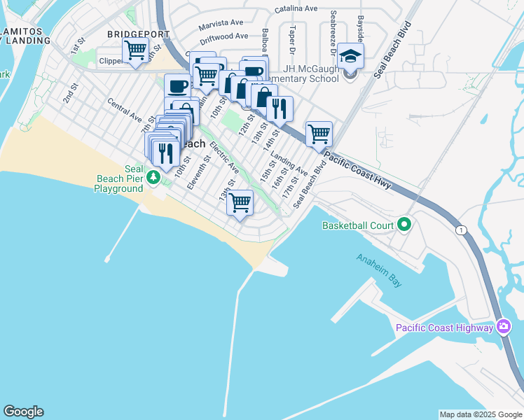map of restaurants, bars, coffee shops, grocery stores, and more near 1521 Marine Avenue in Seal Beach