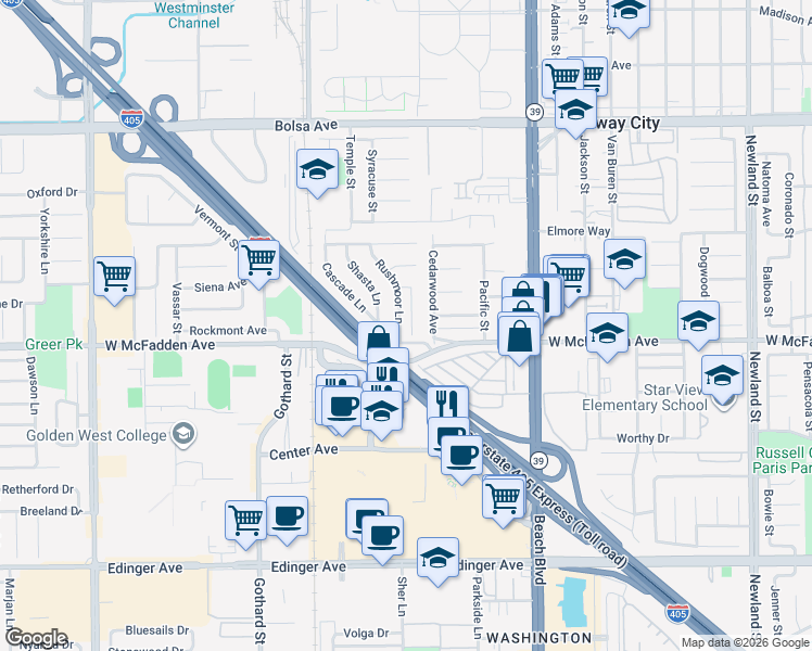 map of restaurants, bars, coffee shops, grocery stores, and more near 15451 Cottonwood Circle in Huntington Beach