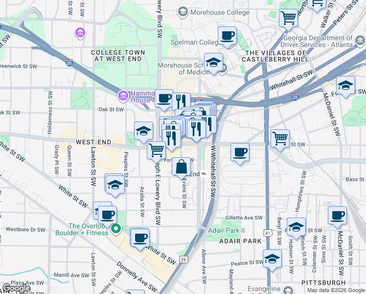 map of restaurants, bars, coffee shops, grocery stores, and more near 852 Ralph David Abernathy Boulevard Southwest in Atlanta