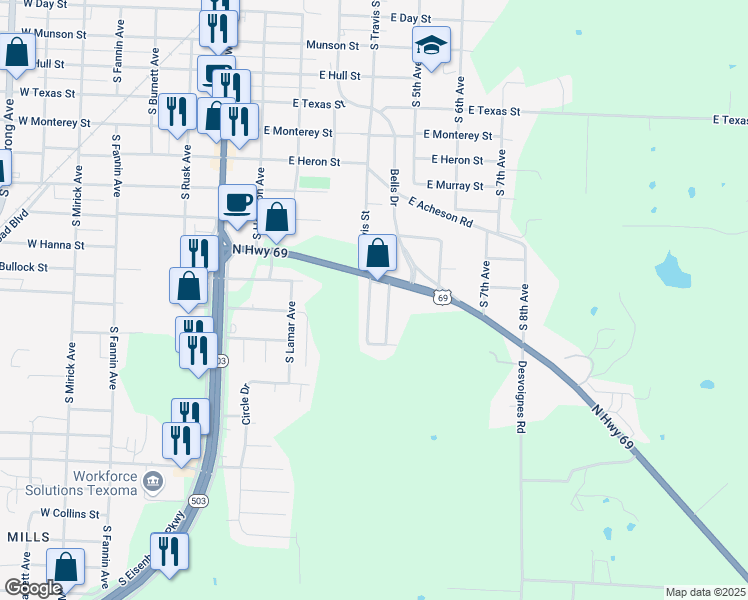 map of restaurants, bars, coffee shops, grocery stores, and more near 1714 South Travis Avenue in Denison