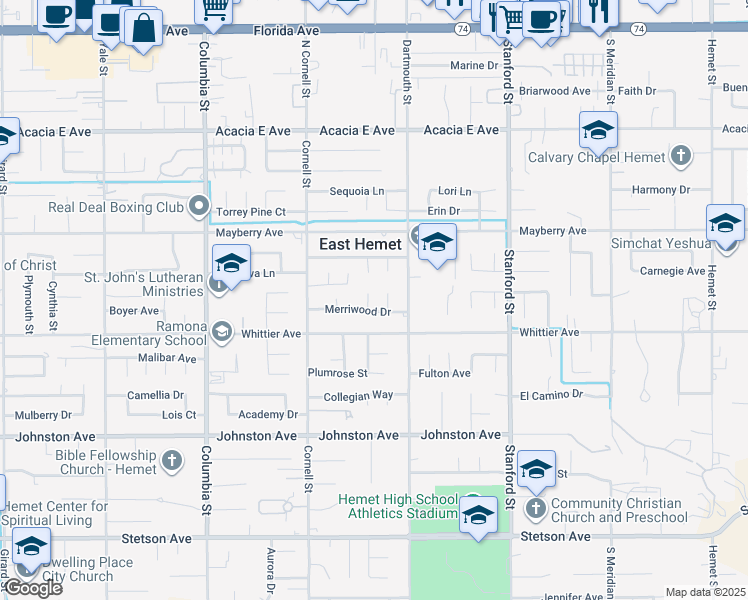 map of restaurants, bars, coffee shops, grocery stores, and more near 26424 Erwin Court in Hemet