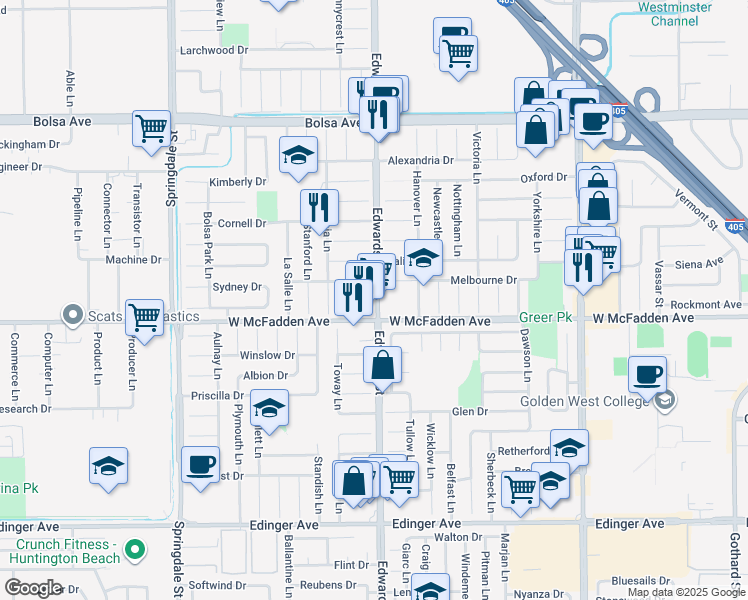 map of restaurants, bars, coffee shops, grocery stores, and more near 15431 Edwards Street in Huntington Beach