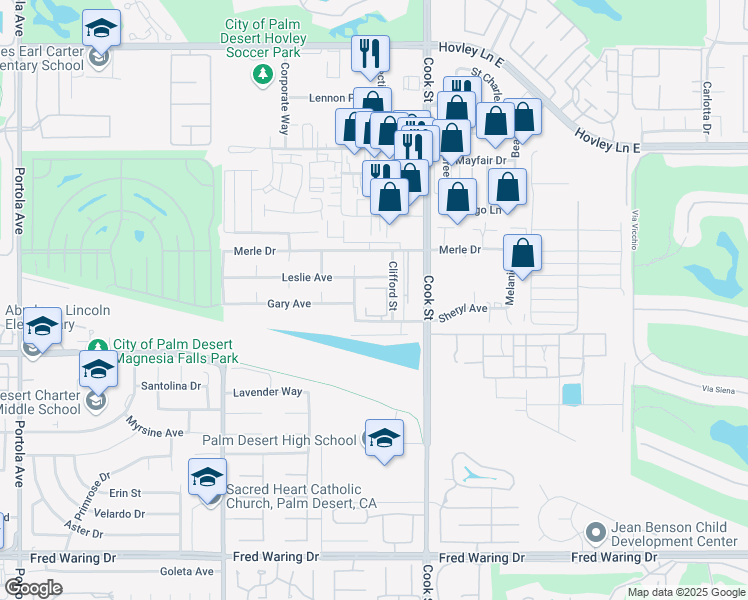 map of restaurants, bars, coffee shops, grocery stores, and more near 74800 Sheryl Avenue in Palm Desert