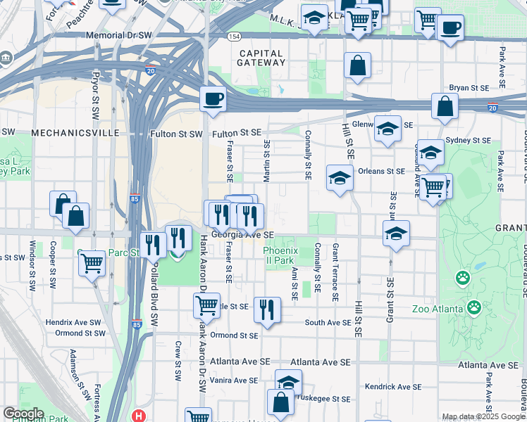 map of restaurants, bars, coffee shops, grocery stores, and more near 609 Martin Street Southeast in Atlanta