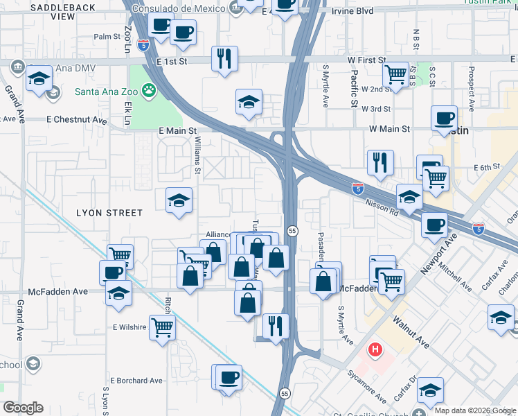 map of restaurants, bars, coffee shops, grocery stores, and more near 15520 Tustin Village Way in Tustin