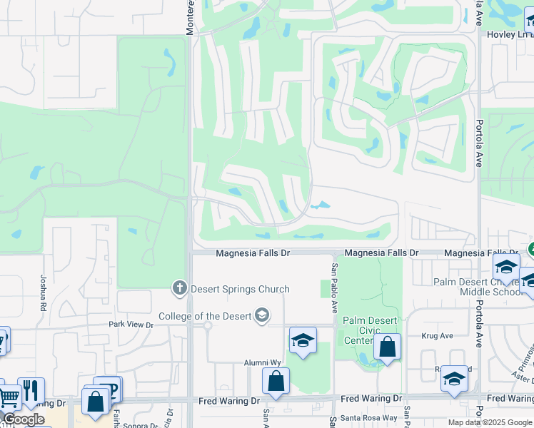 map of restaurants, bars, coffee shops, grocery stores, and more near 205 Madrid Avenue in Palm Desert