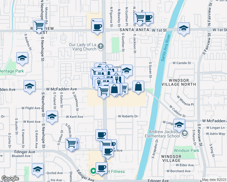 map of restaurants, bars, coffee shops, grocery stores, and more near 3764 West McFadden Avenue in Santa Ana
