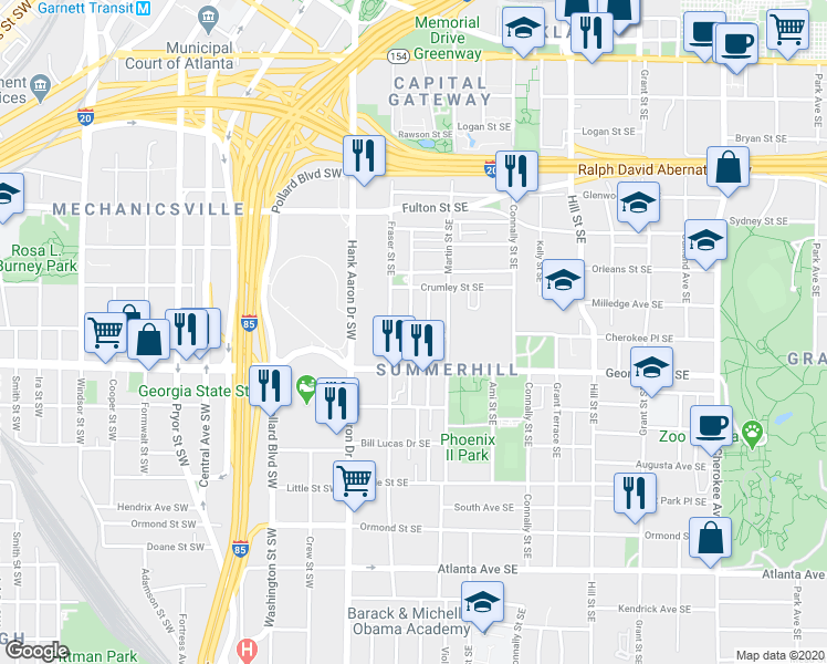 map of restaurants, bars, coffee shops, grocery stores, and more near 610 Reed Street Southeast in Atlanta