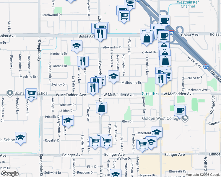 map of restaurants, bars, coffee shops, grocery stores, and more near 15431 Hanover Lane in Huntington Beach