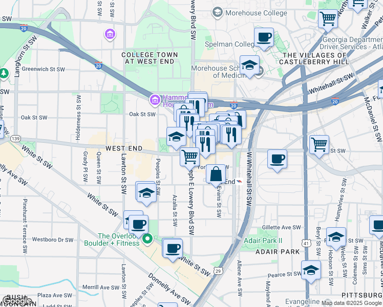 map of restaurants, bars, coffee shops, grocery stores, and more near Ralph David Abernathy Blvd & Joseph E Lowery Blvd SW in Atlanta