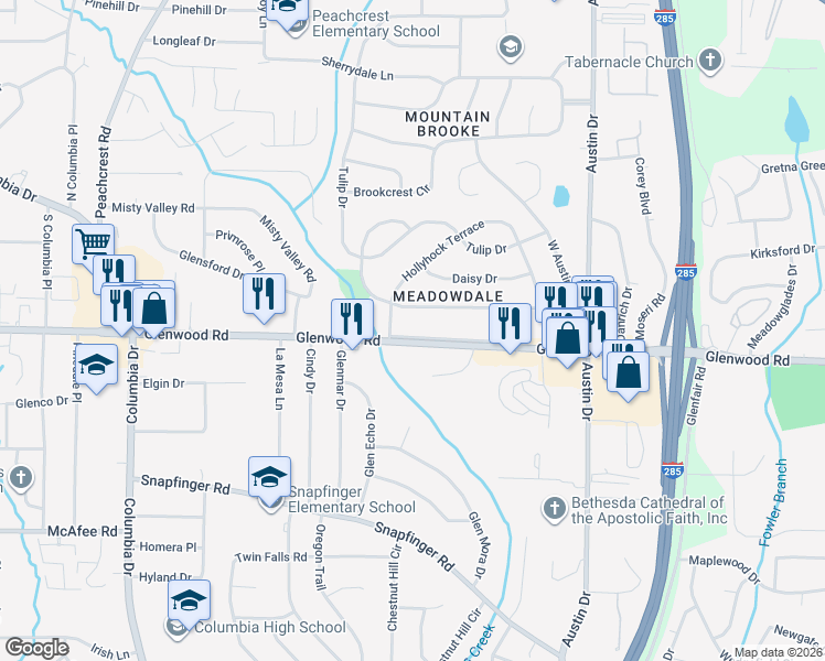 map of restaurants, bars, coffee shops, grocery stores, and more near 4322 Glenwood Parkway in Decatur