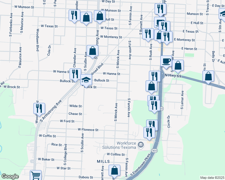 map of restaurants, bars, coffee shops, grocery stores, and more near 612 West Brock Street in Denison