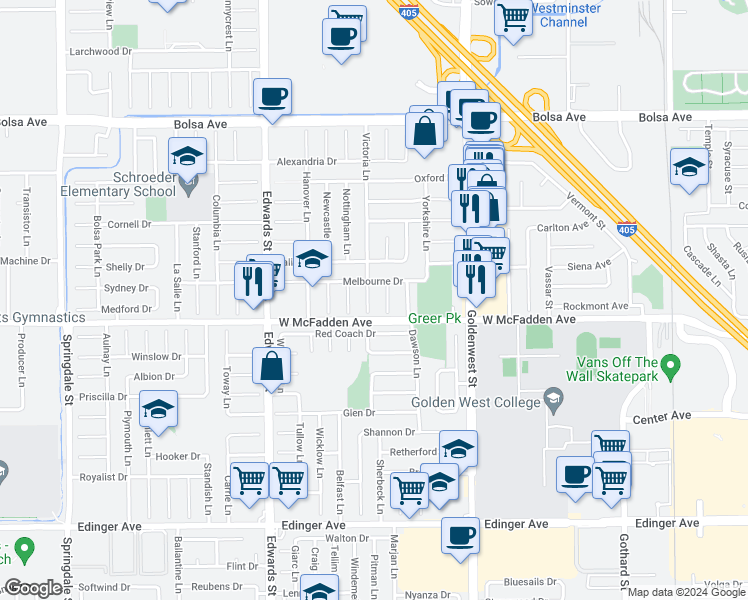 map of restaurants, bars, coffee shops, grocery stores, and more near 15432 Victoria Lane in Huntington Beach
