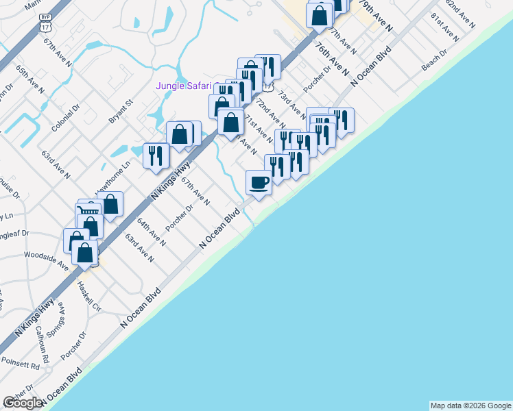 map of restaurants, bars, coffee shops, grocery stores, and more near 6804 North Ocean Boulevard in Myrtle Beach