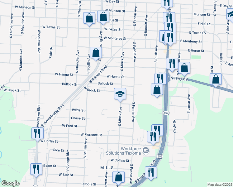 map of restaurants, bars, coffee shops, grocery stores, and more near 612 West Brock Street in Denison