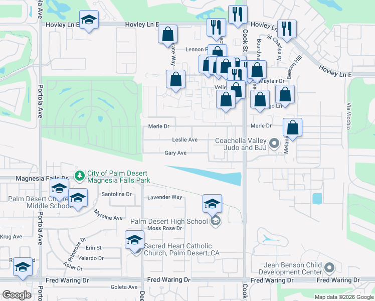 map of restaurants, bars, coffee shops, grocery stores, and more near 74734 Gary Avenue in Palm Desert