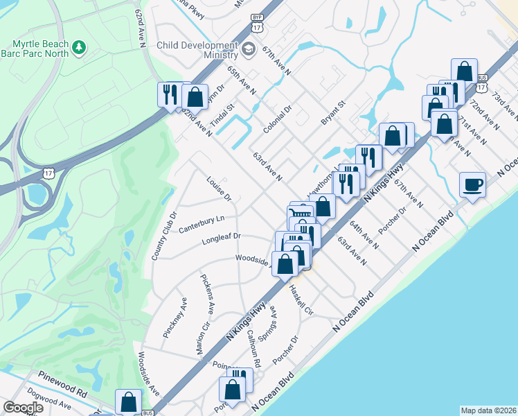 map of restaurants, bars, coffee shops, grocery stores, and more near 612 61st Avenue North in Myrtle Beach