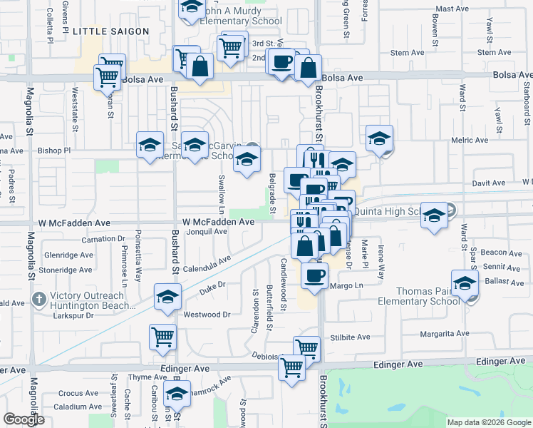 map of restaurants, bars, coffee shops, grocery stores, and more near 9801 McFadden Avenue in Westminster