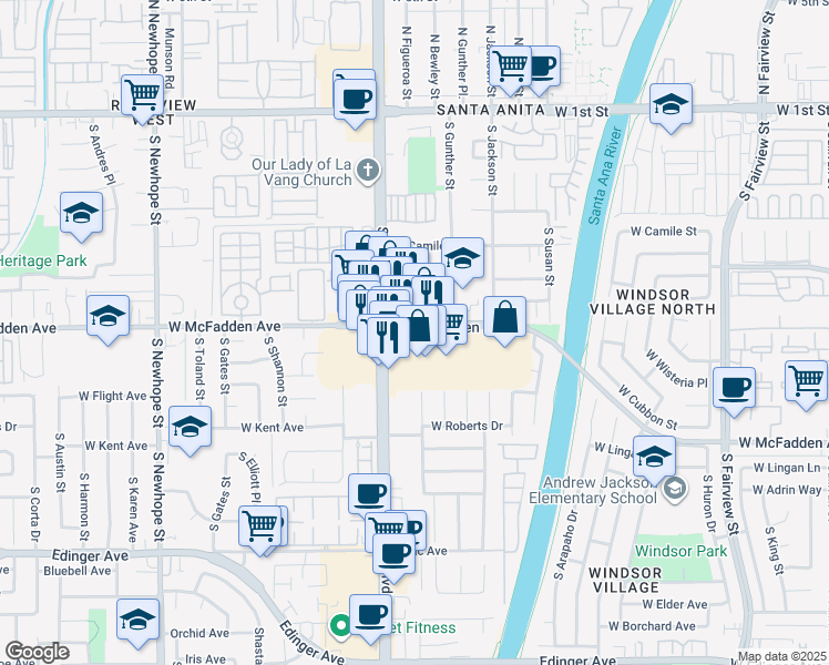 map of restaurants, bars, coffee shops, grocery stores, and more near 3764 West McFadden Avenue in Santa Ana