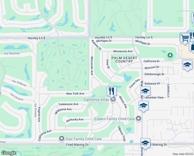 map of restaurants, bars, coffee shops, grocery stores, and more near 42845 Wisconsin Avenue in Palm Desert