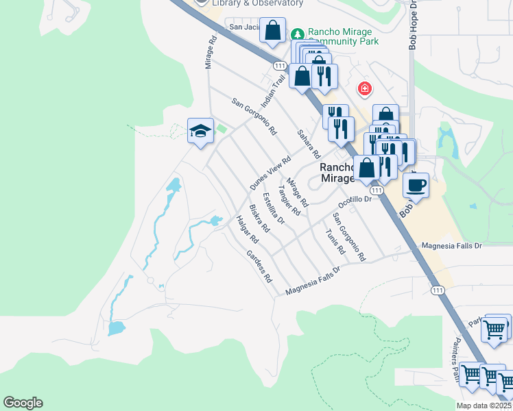 map of restaurants, bars, coffee shops, grocery stores, and more near 71372 Biskra Road in Rancho Mirage