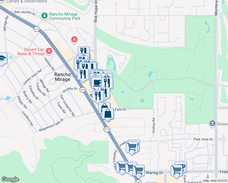 map of restaurants, bars, coffee shops, grocery stores, and more near Calle Encinitas in Rancho Mirage