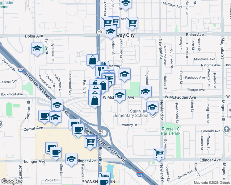 map of restaurants, bars, coffee shops, grocery stores, and more near 15432 Jackson Street in Midway City