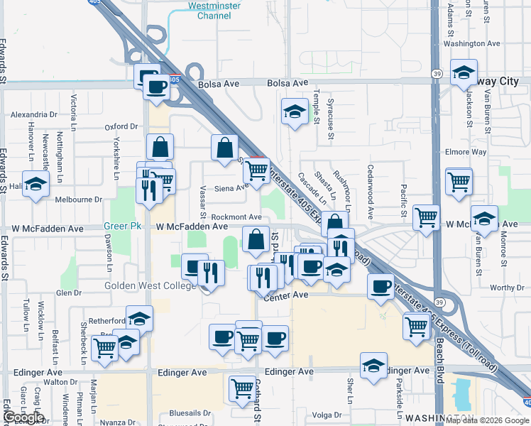map of restaurants, bars, coffee shops, grocery stores, and more near 7371 Rockmont Avenue in Westminster