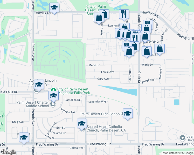 map of restaurants, bars, coffee shops, grocery stores, and more near 74604 Gary Avenue in Palm Desert