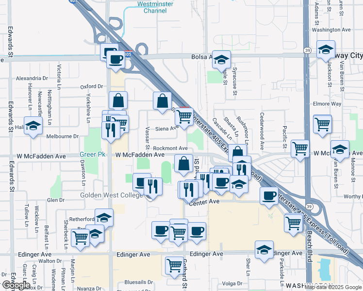 map of restaurants, bars, coffee shops, grocery stores, and more near 7371 Rockmont Avenue in Westminster
