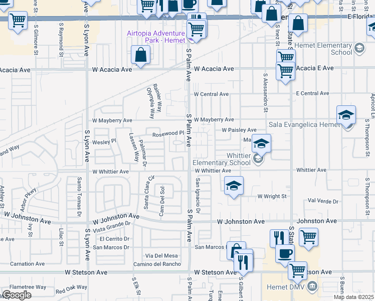 map of restaurants, bars, coffee shops, grocery stores, and more near 621a South Palm Avenue in Hemet