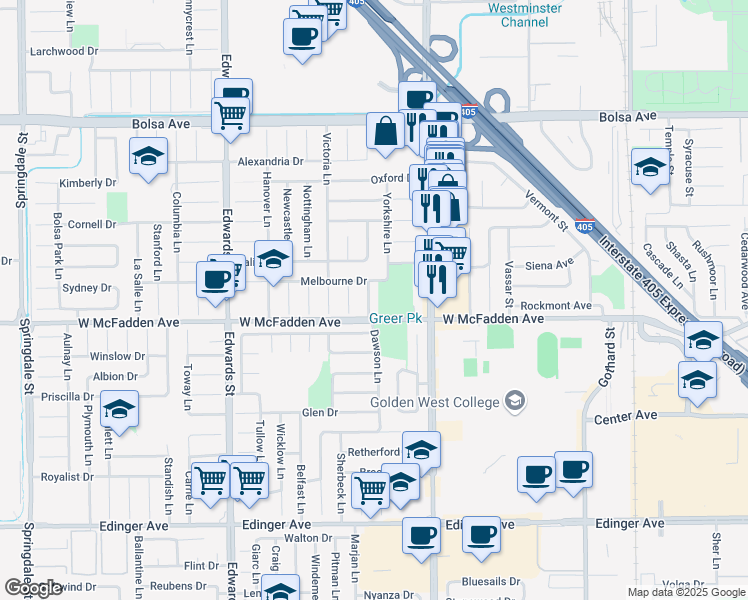 map of restaurants, bars, coffee shops, grocery stores, and more near 15432 Salisbury Lane in Huntington Beach