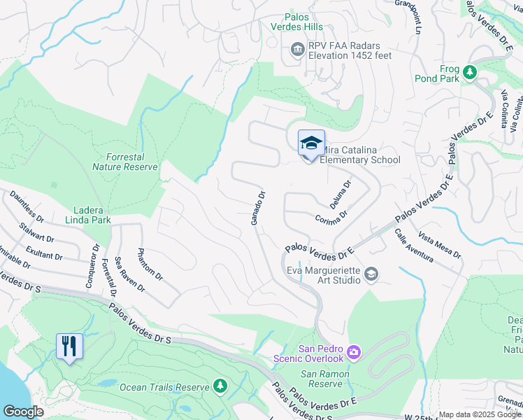 map of restaurants, bars, coffee shops, grocery stores, and more near 30802 Ganado Drive in Rancho Palos Verdes