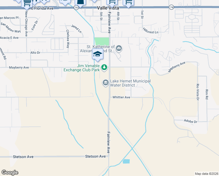 map of restaurants, bars, coffee shops, grocery stores, and more near Fairview Avenue in Riverside County