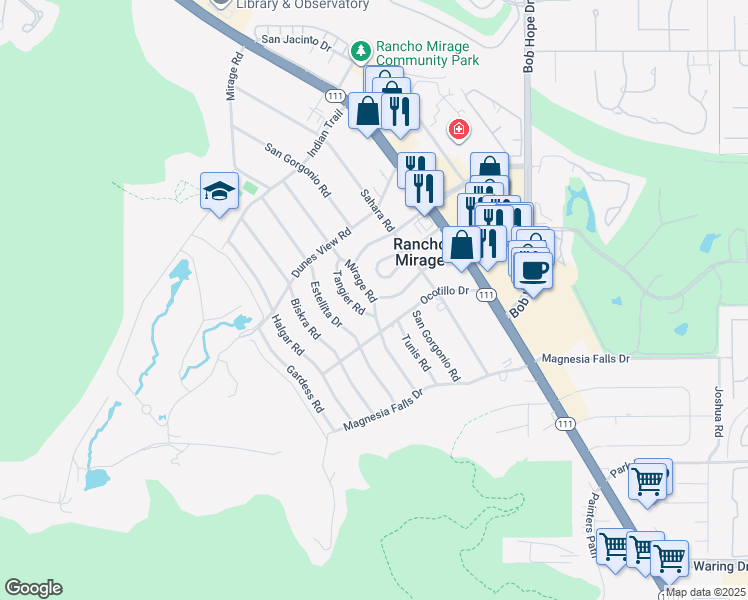 map of restaurants, bars, coffee shops, grocery stores, and more near Mirage Road & East Veldt Street in Rancho Mirage