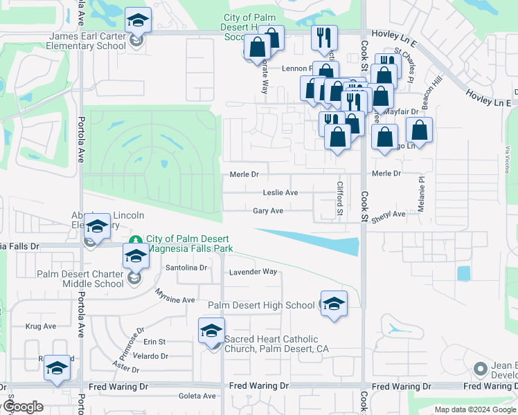 map of restaurants, bars, coffee shops, grocery stores, and more near 74622 Gary Avenue in Palm Desert