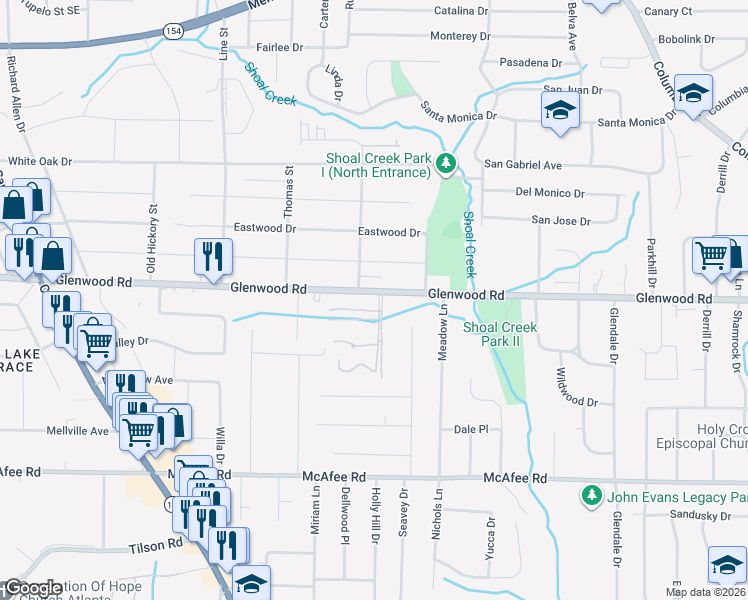 map of restaurants, bars, coffee shops, grocery stores, and more near 3475 Glenwood Road in Decatur