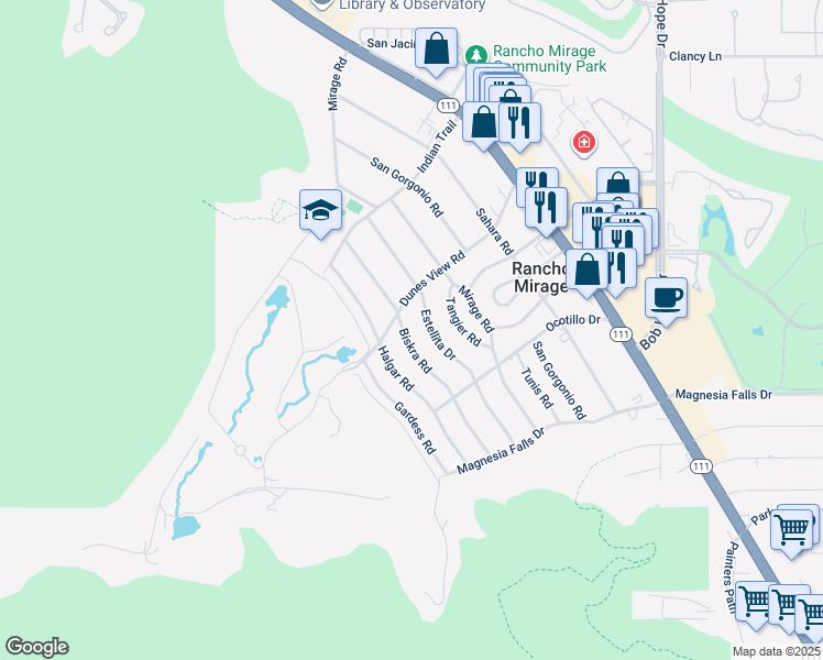 map of restaurants, bars, coffee shops, grocery stores, and more near 71372 Biskra Road in Rancho Mirage