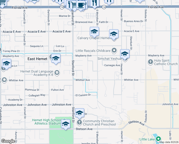 map of restaurants, bars, coffee shops, grocery stores, and more near 26408 Naomi Drive in Hemet