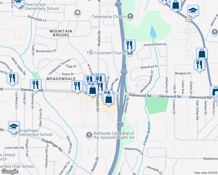 map of restaurants, bars, coffee shops, grocery stores, and more near 1812 Danrich Drive in Decatur