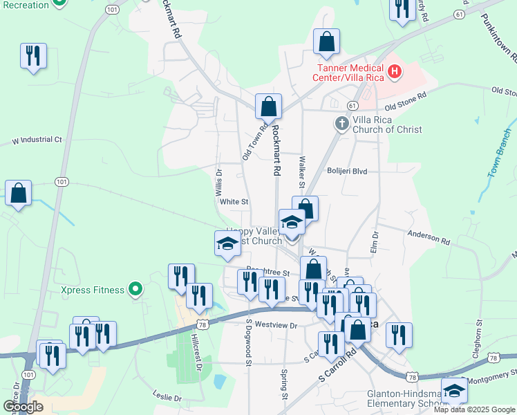 map of restaurants, bars, coffee shops, grocery stores, and more near 215 North Dogwood Street in Villa Rica
