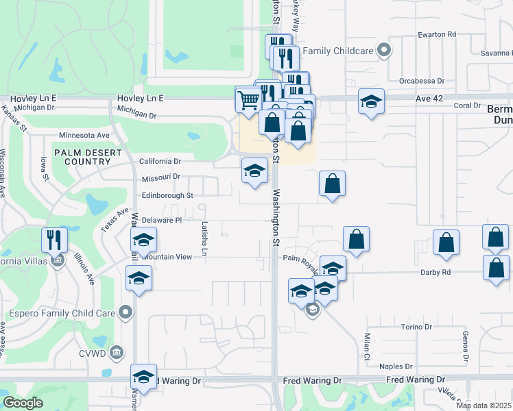 map of restaurants, bars, coffee shops, grocery stores, and more near 77917 Dudley Drive in Palm Desert