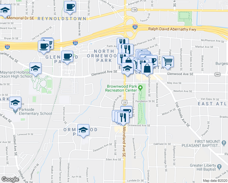 map of restaurants, bars, coffee shops, grocery stores, and more near 1127 Moreland Place Southeast in Atlanta